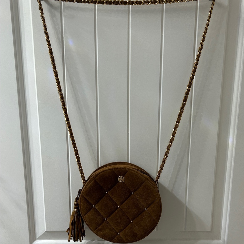 Brown Quilted leather /suede Crossbody Bag with studs - Picture 2 of 7